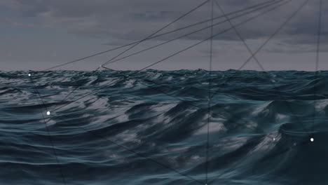 ocean waves with geometric lines and points animation over cloudy sky background