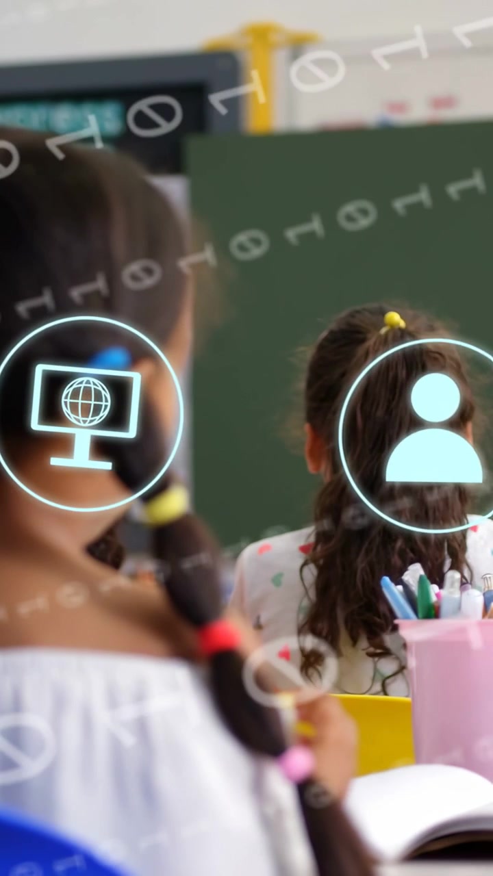 Vertical video: Girl touching braid while camera panning and icons floating over desks for edtech
