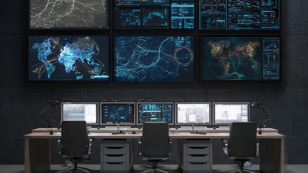 Centro avanzato di monitoraggio dati con più schermi che visualizzano mappe di rete globali e analisi in tempo reale in un ambiente tecnologicamente sofisticato.