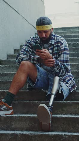 man with prosthetic leg sitting on stairs using a phone