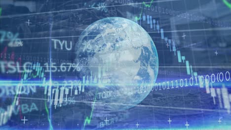 Animación-De-Datos-Financieros-Y-Gráficos-Sobre-El-Mundo-Y-Procesamiento-De-Datos-Sobre-Fondo-Azul