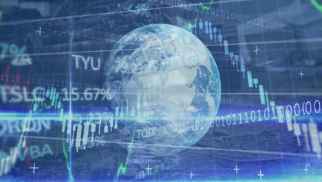 animation von finanzdaten und grafiken über den globus und datenverarbeitung auf blauem hintergrund