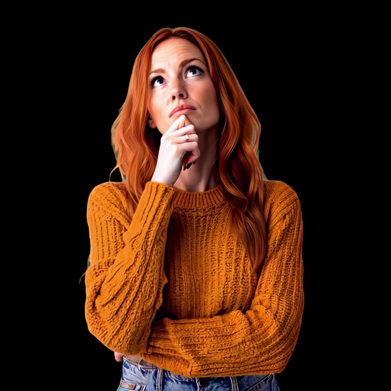 Red haired woman contemplating animation isolated asset, transparent 4K video, alpha channel, ProRes