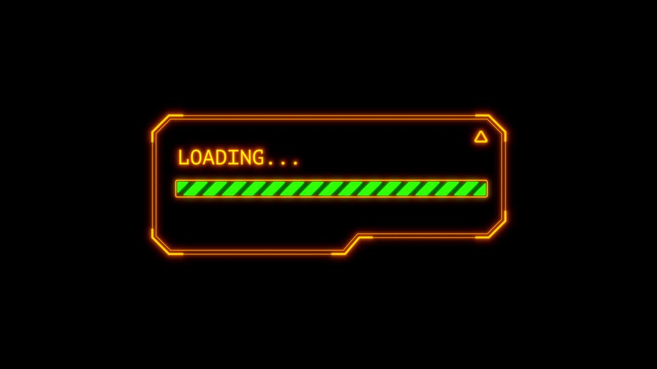 로딩 프로세스: 블랙 솔리드 배경의 2d 애니메이션, 사이버 크, 사용자 인터페이스, 녹색 로딩 바, 노란색 팝업 창