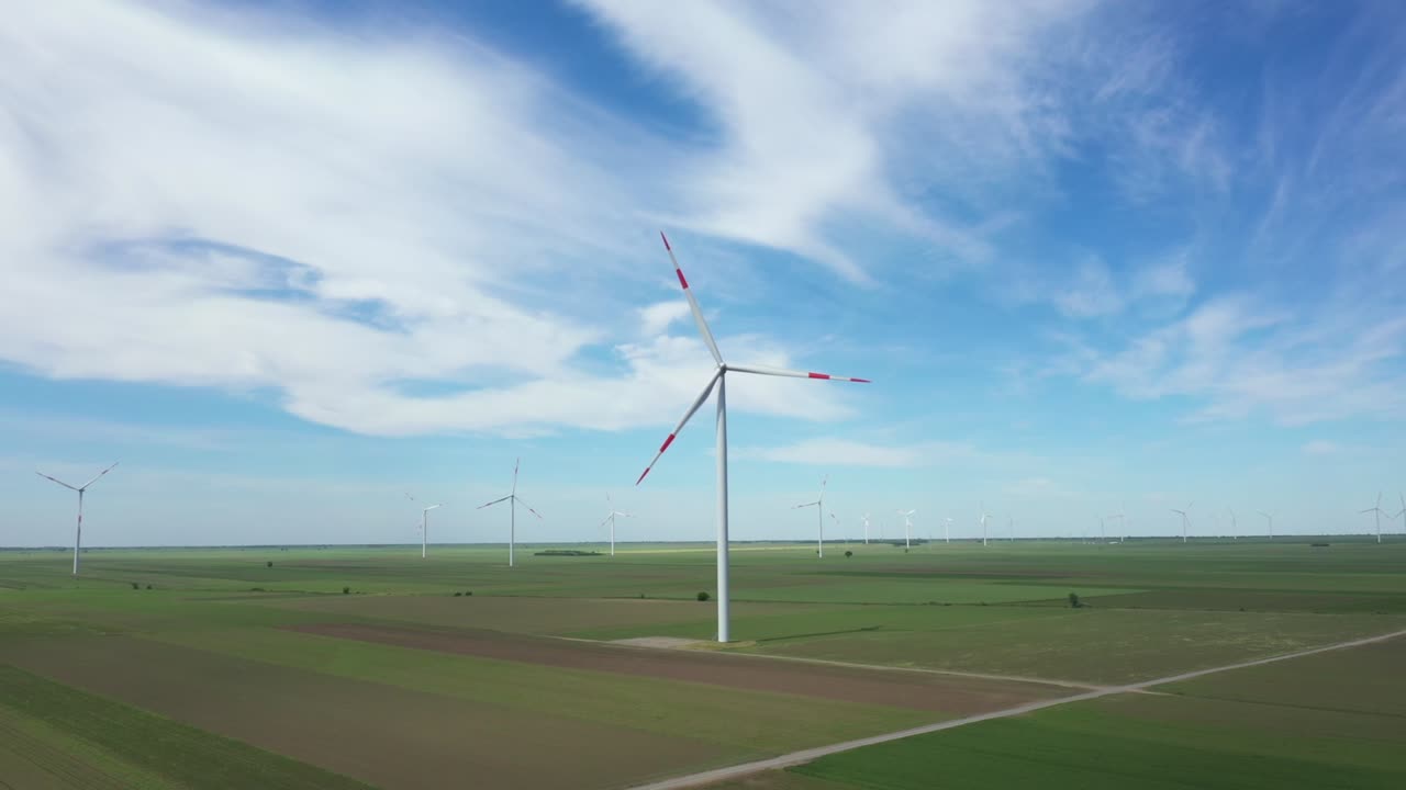 View of several windmills, wind generators, turbines, producing renewable clean energy by converting kinetic energy