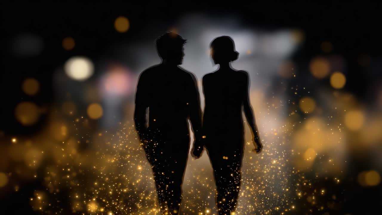 Una silhouette romantica di una coppia che passeggia tra luci scintillanti in un’atmosfera da sogno, catturando l’amore e la connessione in un ambiente magico
