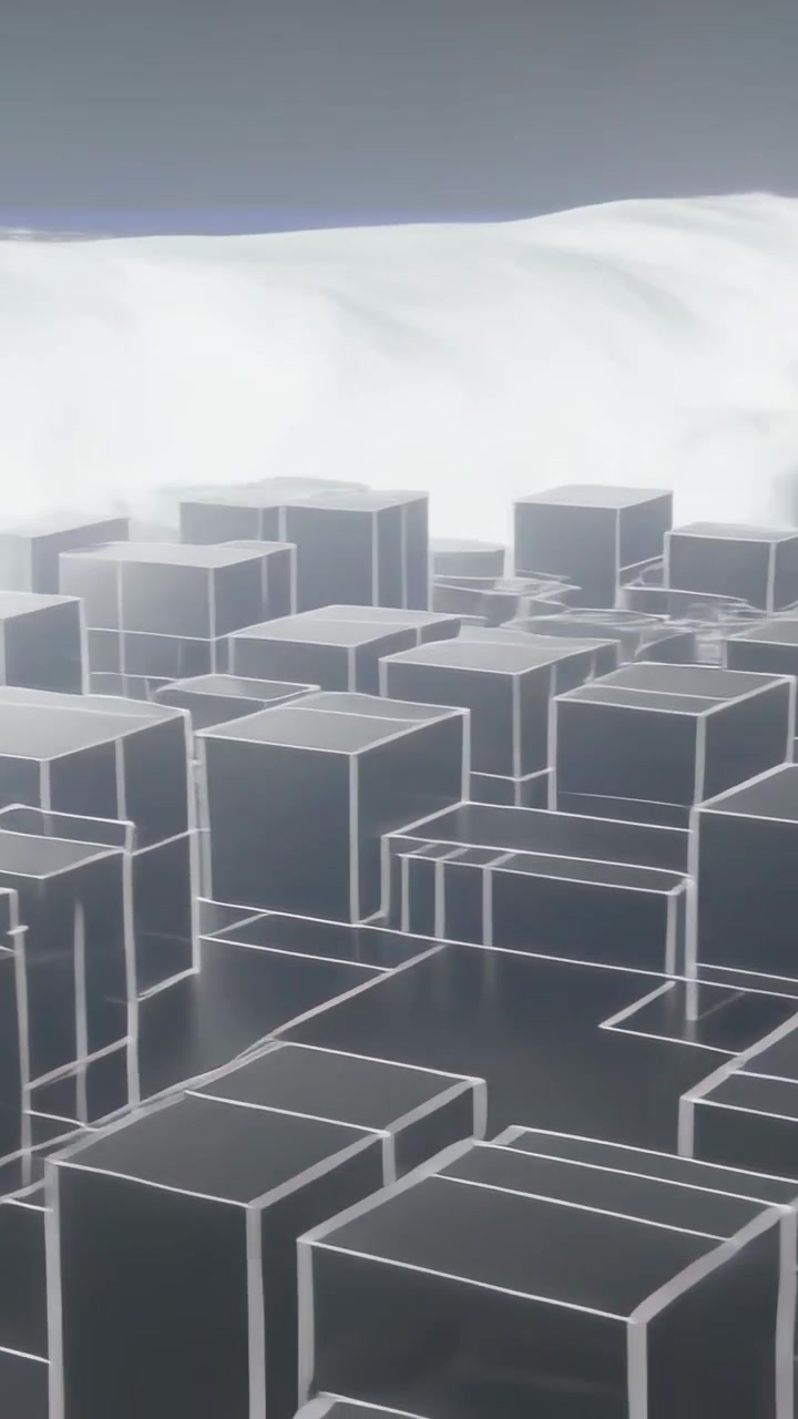 Video verticale: Massa bianca che avanza spingendo la telecamera in avanti e verso il basso su una griglia wireframe, sommergendo blocchi.