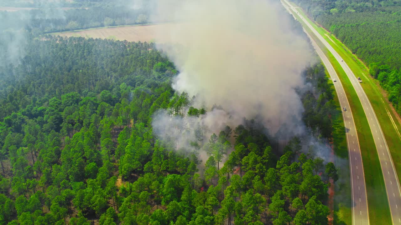 Forest Fire Smoke Billows Beside Road in Georgia Aerial Panorama