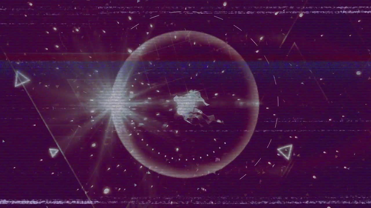 animación de la pantalla con líneas de glitch, figuras geométricas y red de conexiones