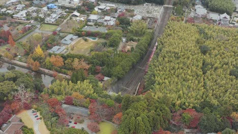 Vista-Aérea-De-La-Arboleda-De-Bambú-De-Arashiyama-Y-El-Tren-Panorámico-De-Sagano