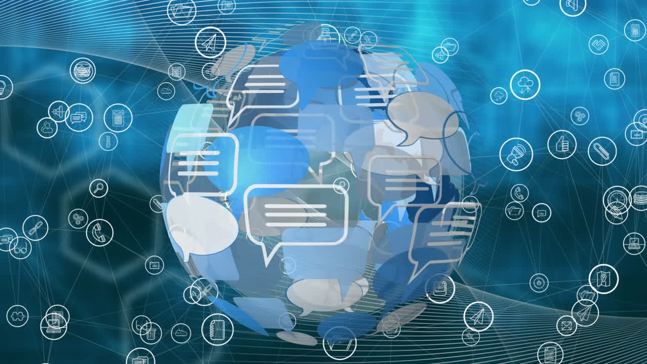 Animation of a globe made of icons spinning on icons blue background