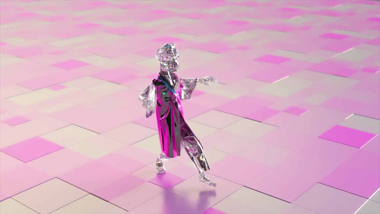 Abstract Woman Walking on a Pink Geometric Pattern