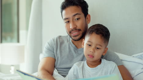 father, son and bed with book