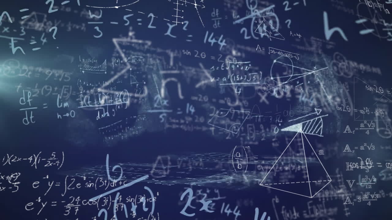 animación de ecuaciones matemáticas y diagramas sobre un fondo azul