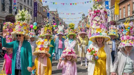 a colorful parade celebrating spring: participants in vibrant floral hats and costumes march through a festively decorated street amidst joy and celebration