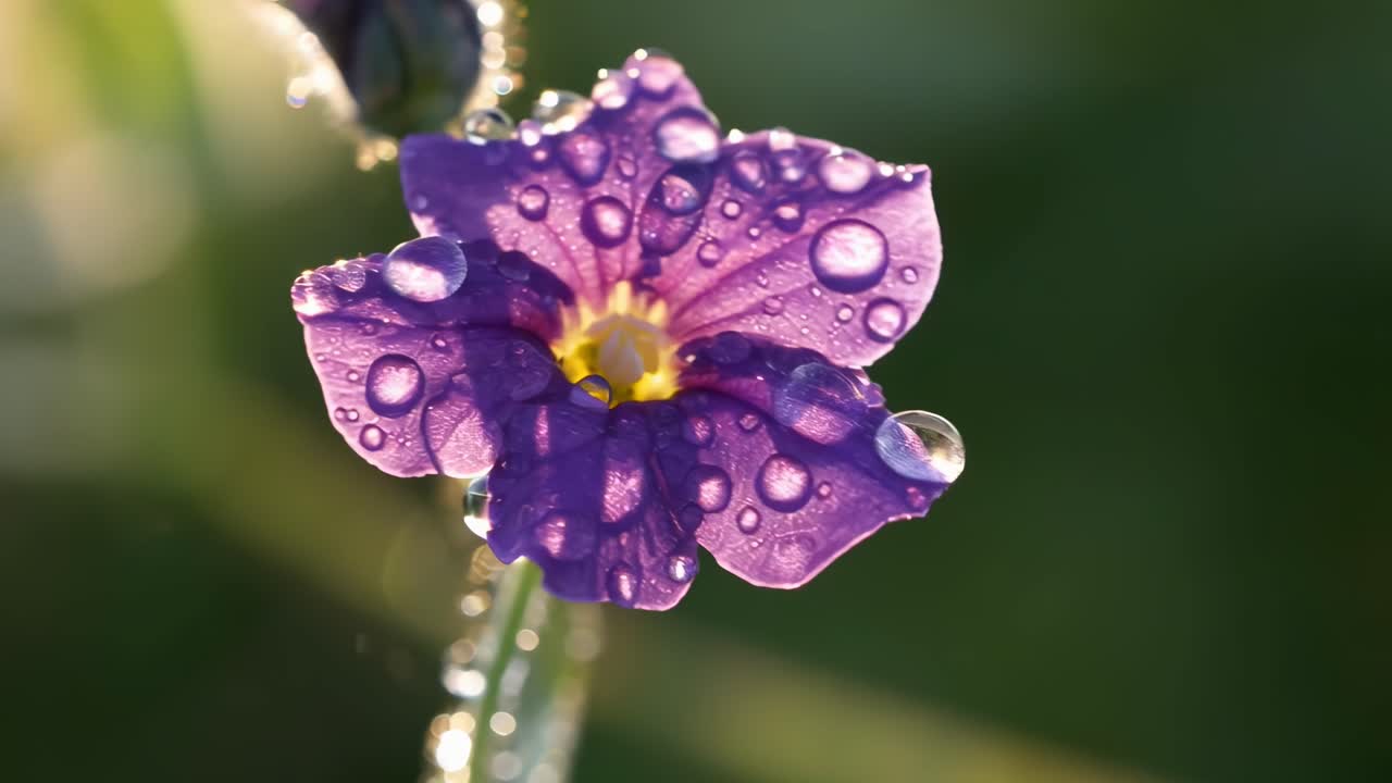 Close-up video of a purple flower with dewdrops, captured from a low angle, showcasing nature's