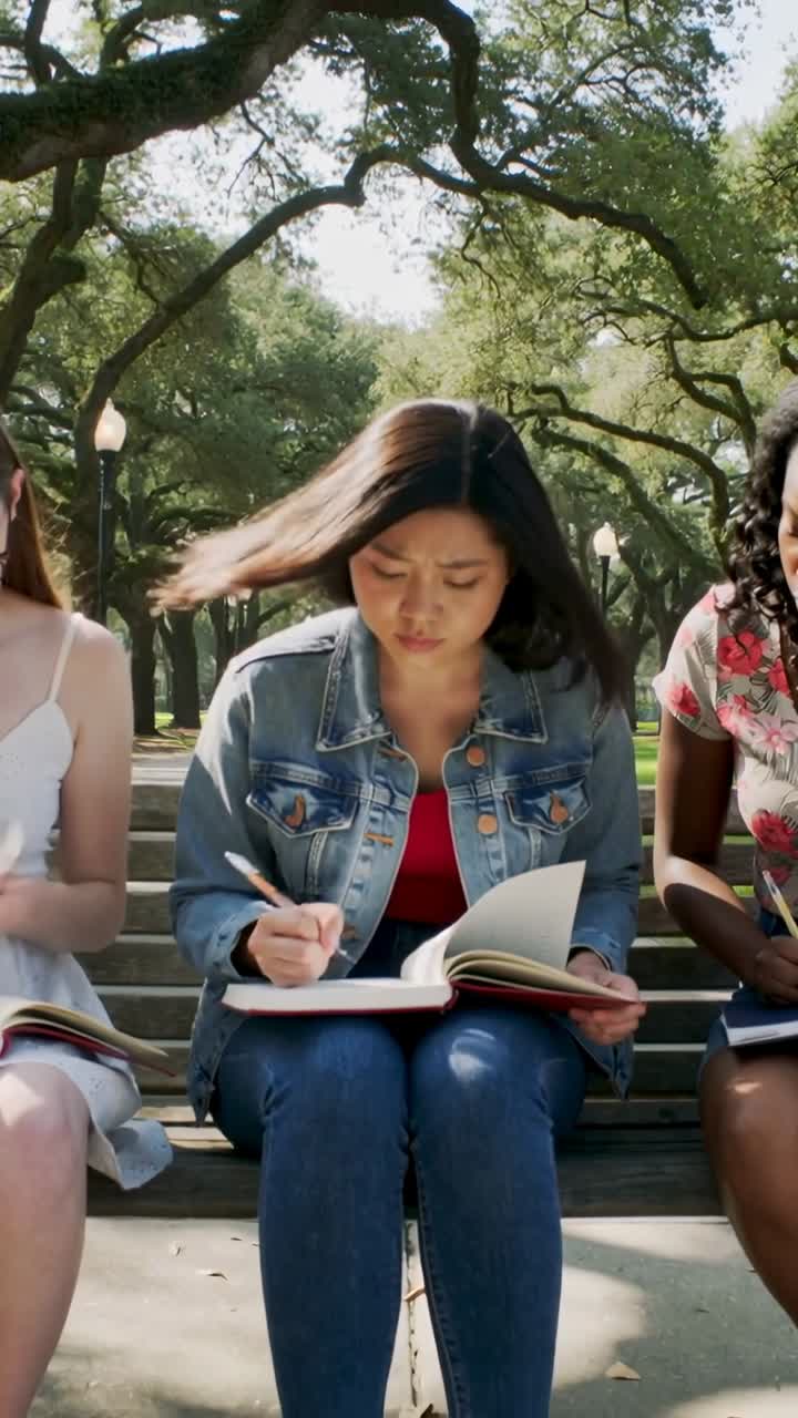 Video verticale: Studente con giacca di jeans che scrive e studia un libro rosso su una panchina del parco, con la brezza che sfoglia le pagine