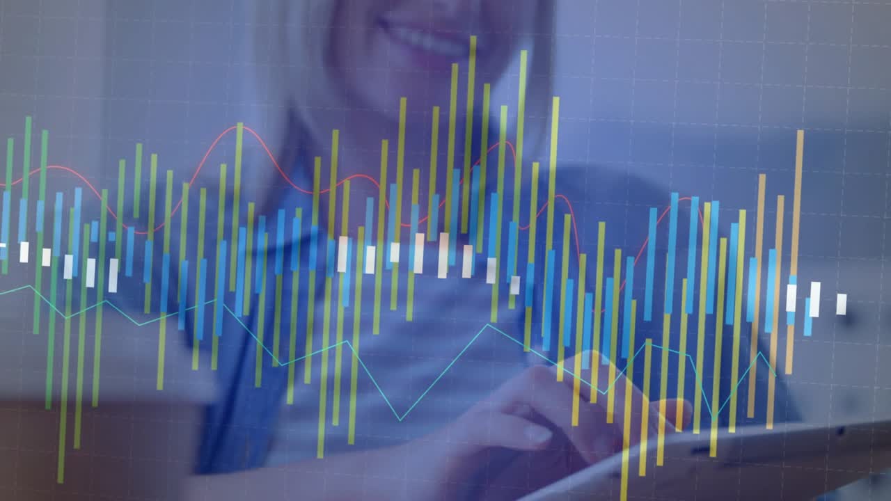 Mid-adult woman tapping tablet, animating bar-and-line charts beside coffee cup in business