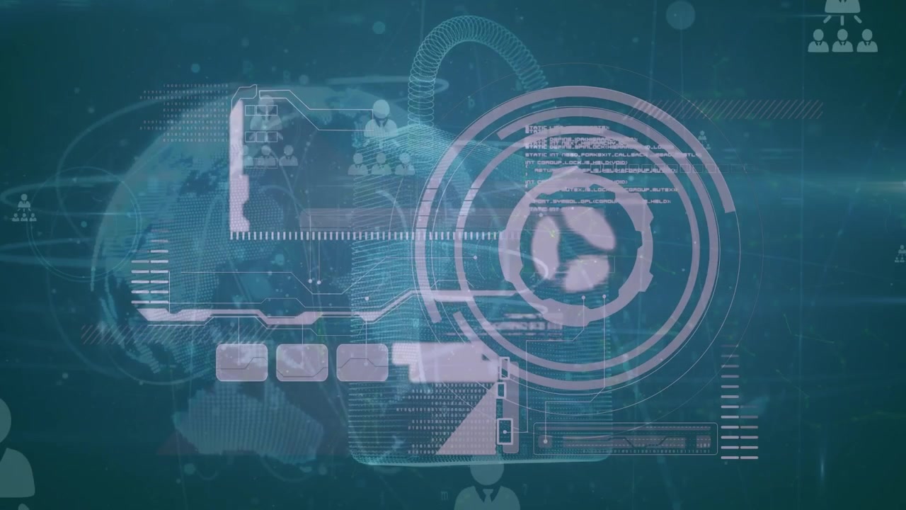 Animation of data processing, globe, icon and padlock on digital screen