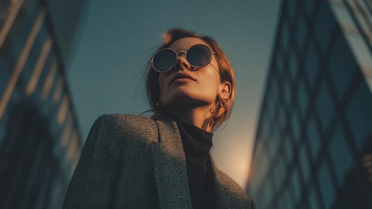 Confident Urban Elegance: A Chic Portrait of a Modern Woman Relaxing Under the Evening Sun Surrounded by Modern Architecture and Reflections