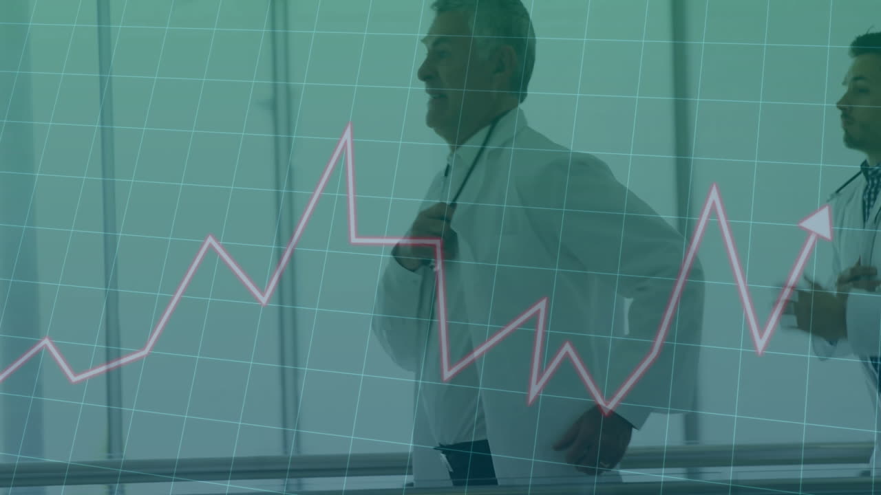 Doctors walking in hospital corridor with financial growth chart animation over them