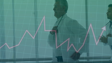doctors walking in hospital corridor with financial growth chart animation over them