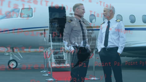 globo giratorio y procesamiento de datos sobre dos pilotos caucásicos hablando mientras caminan por la pista del aeropuerto
