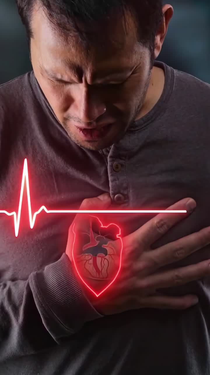 Close-up video still of a man clutching his chest, with a heartbeat graphic overlay