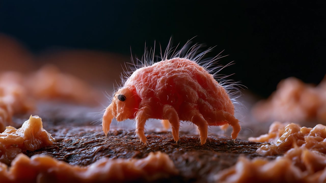 Primo piano di piccole creature che mostrano caratteristiche distinte e movimento sulla superficie, mettendo in evidenza texture dettagliate e comportamento naturale in un ambiente microcosmico