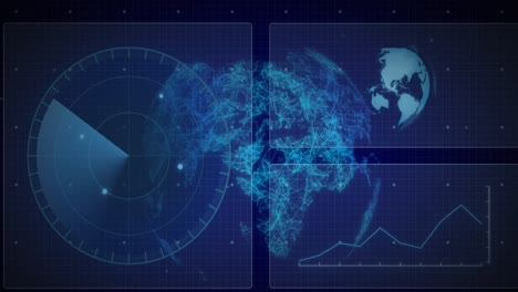 animación del procesamiento de datos con escaneo de alcance y globo sobre fondo negro