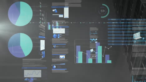 Animation of financial data processing over cityscape