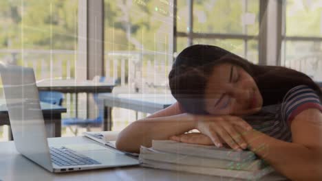 animation of data processing over biracial schoolgirl sleeping by laptop in class