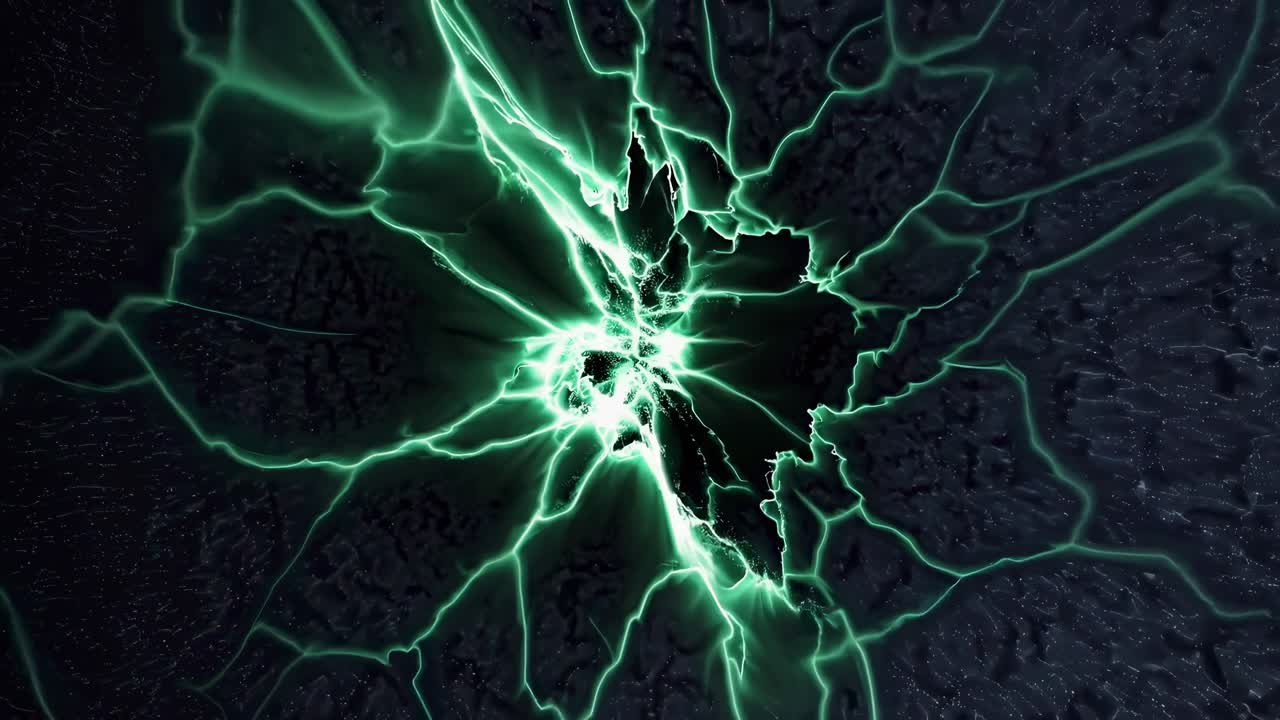 Top-down video view of green electric currents radiating from a central black void