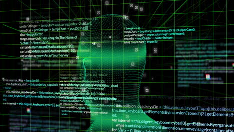 animation of data processing and digital head on black background