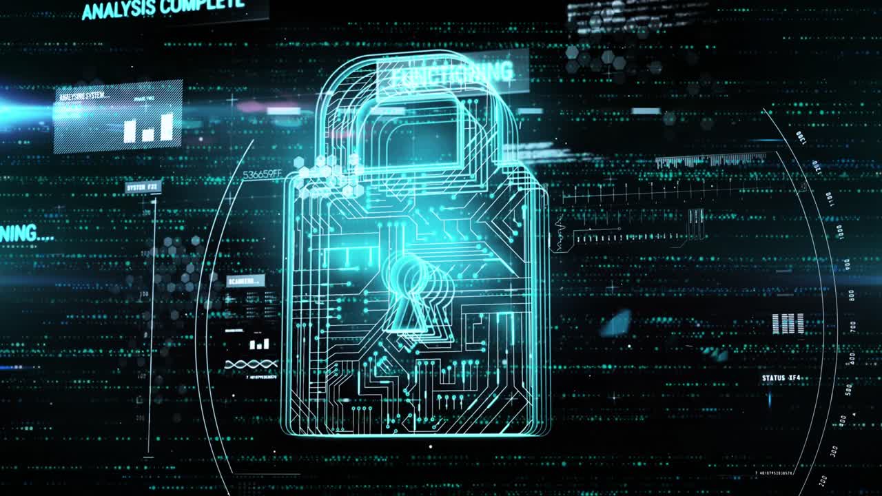 Animation of data processing and padlock over black background