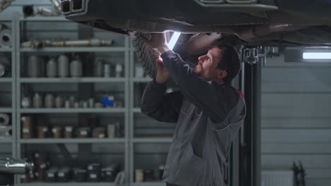 man auto mechanic looks under the car raised on the lift in search of malfunctions in slow motion