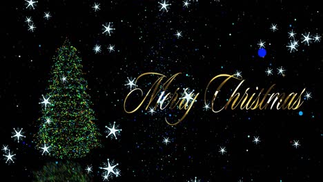 animation of christmas greetings text over christmas tree and snowflakes