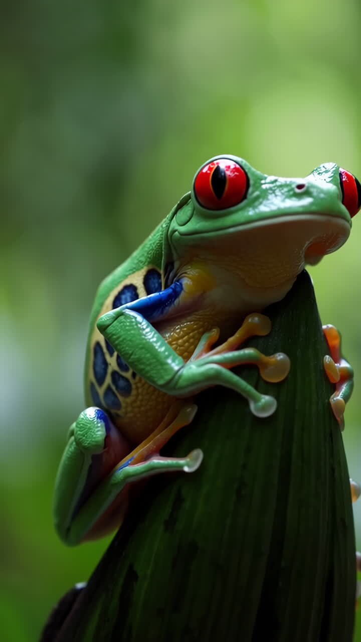 Vibrante rana arbórea de ojos rojos en una hoja