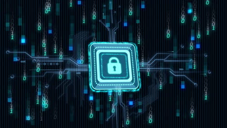 Animation of padlock icon and binary coding data processing over black background