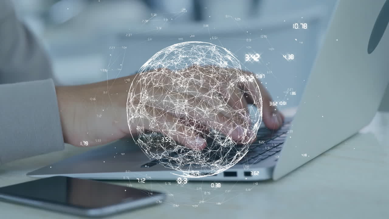 animación de la red de conexiones y el globo sobre el hombre caucásico usando portátil