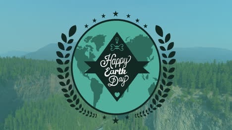 animation of happy earth day text over landscape