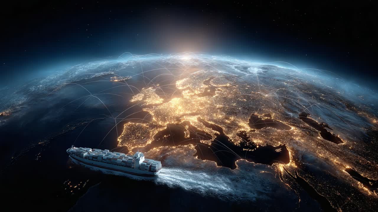 A Dynamic View of Earth's Illuminated Surface from Space, Showcasing Earth’s Infrastructure and Energy Flow Over Cityscapes and Waterways at Dusk