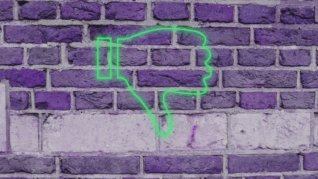 animación de neón parpadeante pulgares hacia abajo icono sobre pared de ladrillo