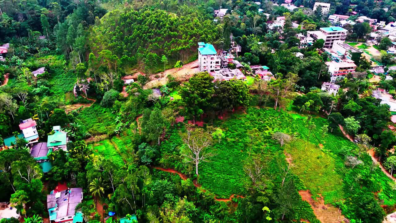 Colorful aerial shot of the Sri Lanka Buddhist Asapuwa temple nestled on a hillside, surrounded by dense green trees, small village houses, and vibrant tropical landscape under bright daylight.