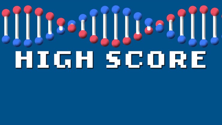Animation of high score and dna chain on blue background