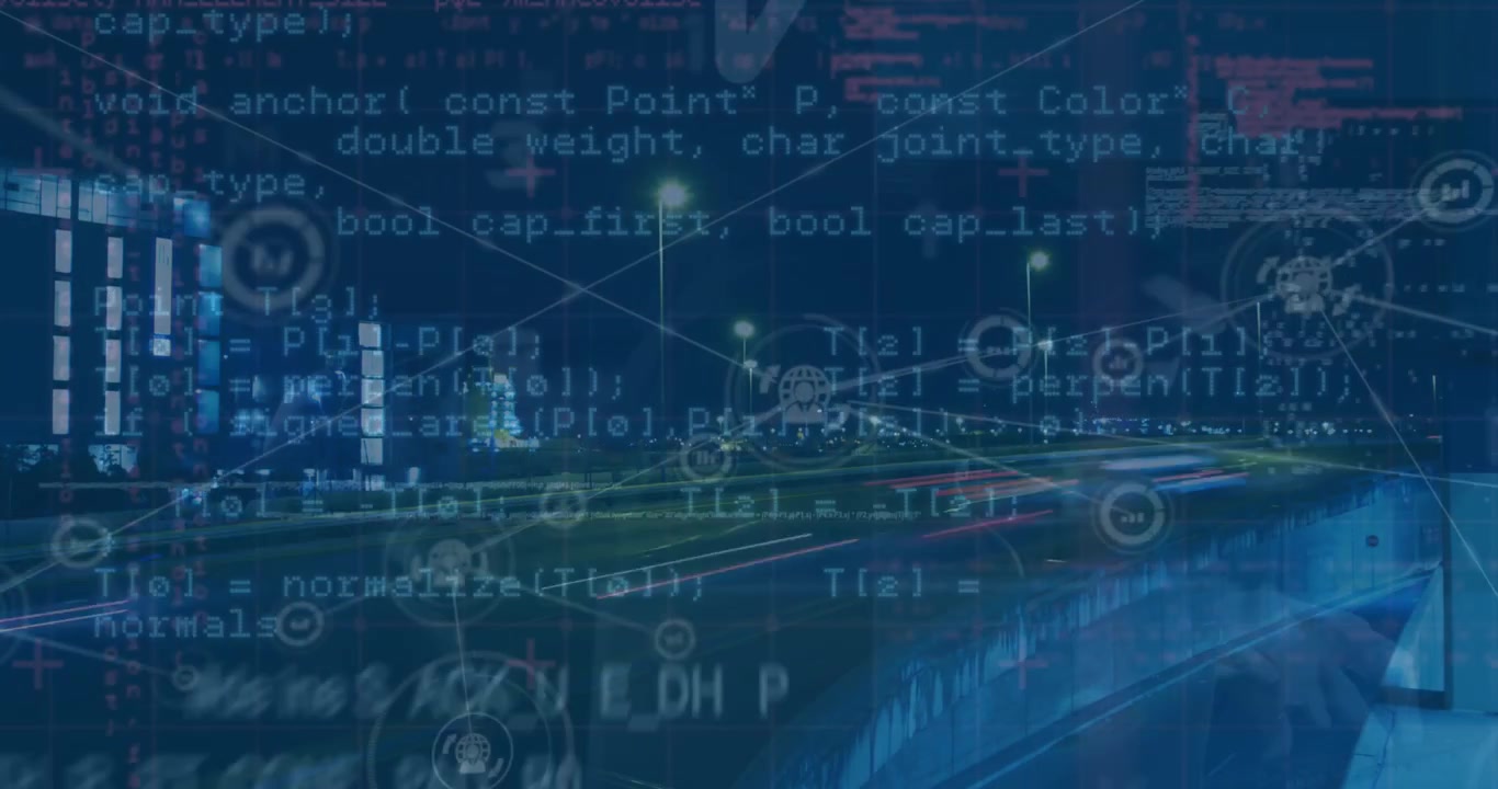 Animation of financial data processing and network of connections over cityscape