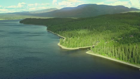 drone over a lake with some forrest and mountains and skies