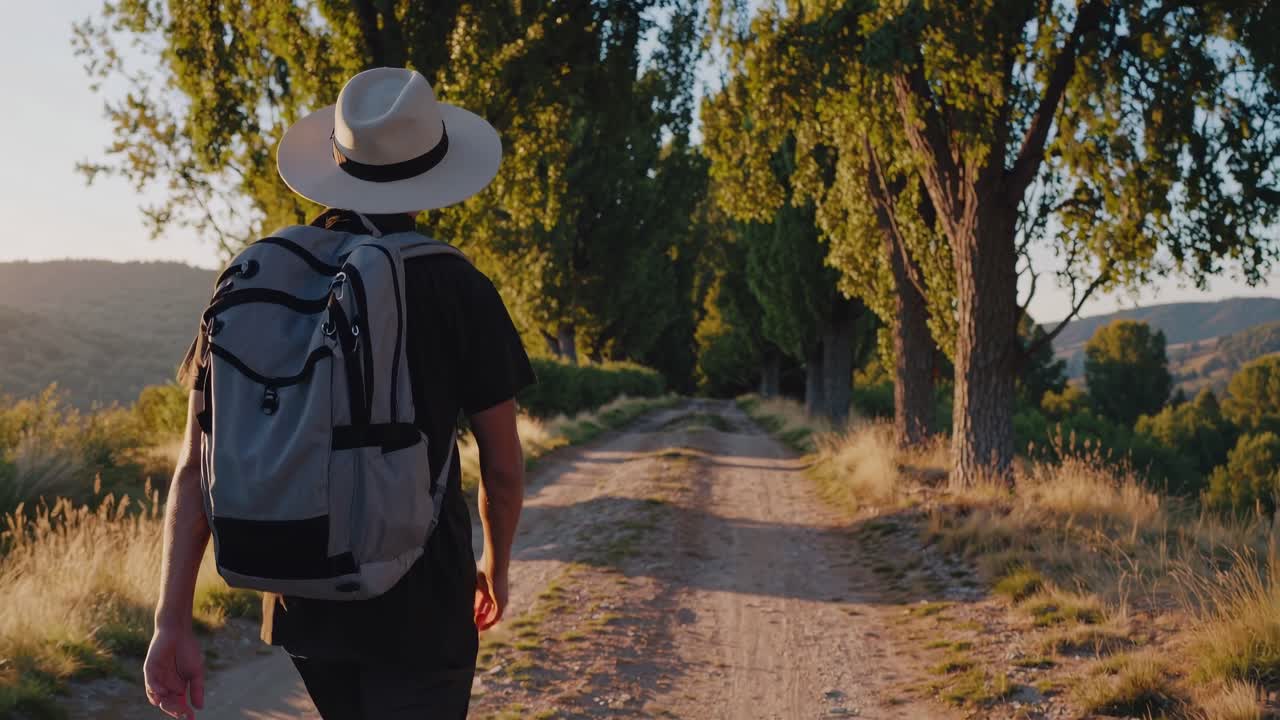 Un viaggiatore con uno zaino cammina lungo un sentiero alberato al tramonto. Ripreso da dietro all'altezza degli occhi.