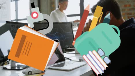 animación de mochila y libros escolares sobre hombre caucásico trabajando en portátil
