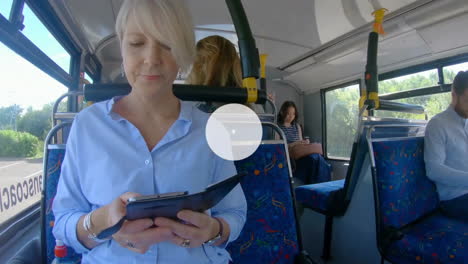 animation of network of connections with icons over diverse people using smartphones in bus